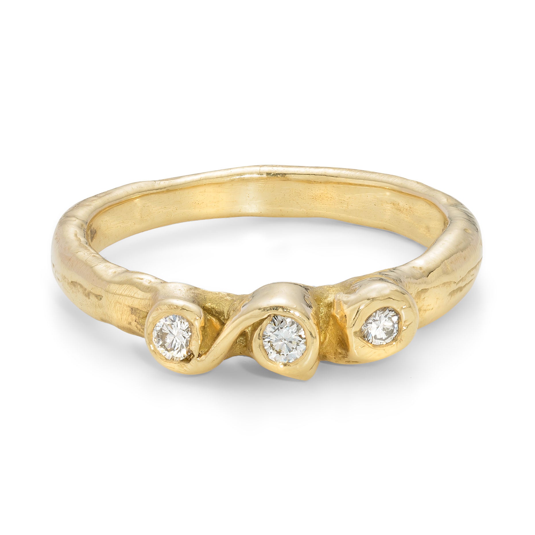 18ct Gold unique engagement ring, set with 3 diamonds, handcrafted by Emily Nixon. This ring is an organic, unusual design.