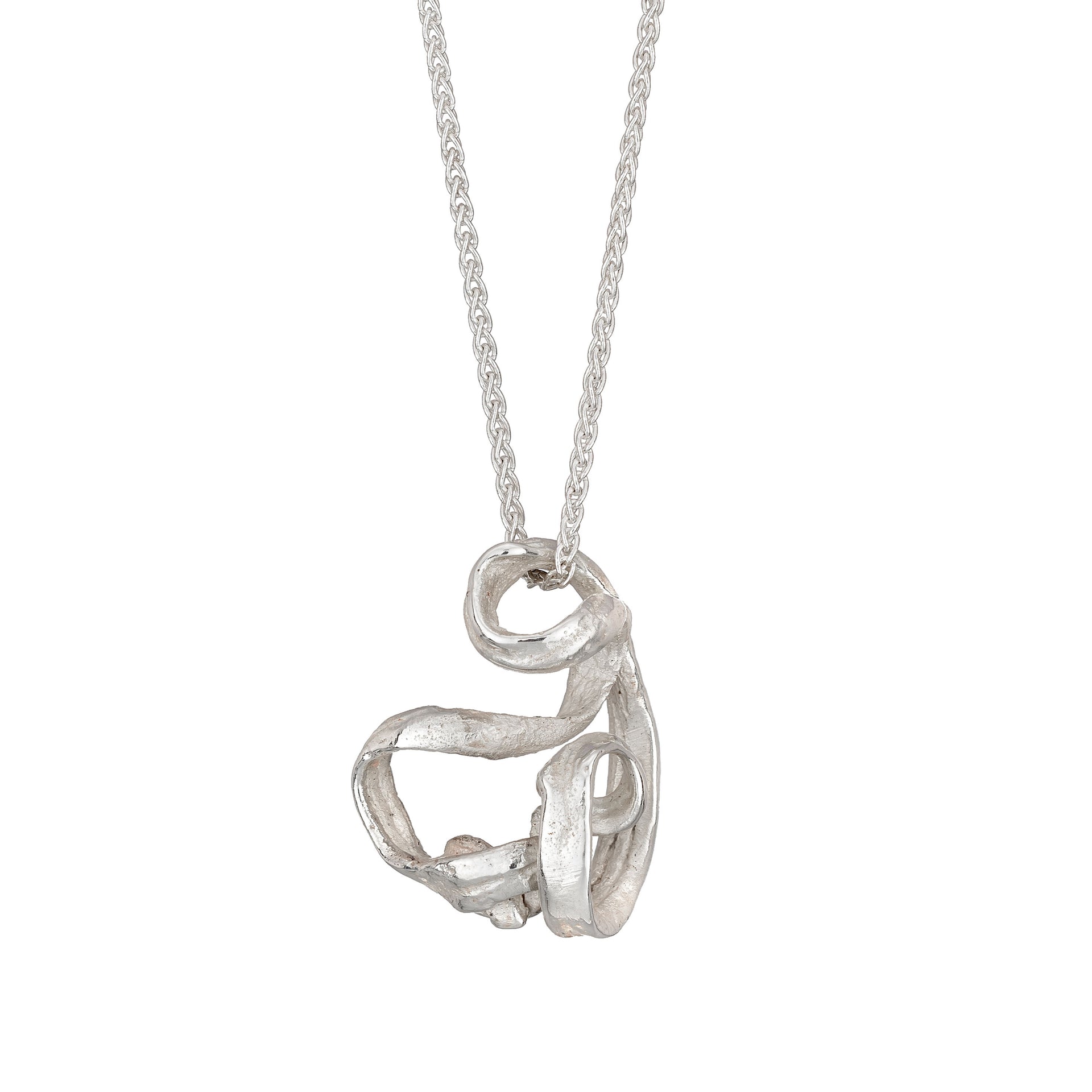 A unique silver pendant design, handcrafted in Cornwall by contemporary jewellery designer Emily Nixon. This simple, sculptural, light weight pendant, moves freely on a fine sterling silver chain. The fine twist of silver hangs in an organic twisting furl just below the collar bone. Beautifully handmade, the finish is under polished to retain a deliberately matte, whitish silver finish.