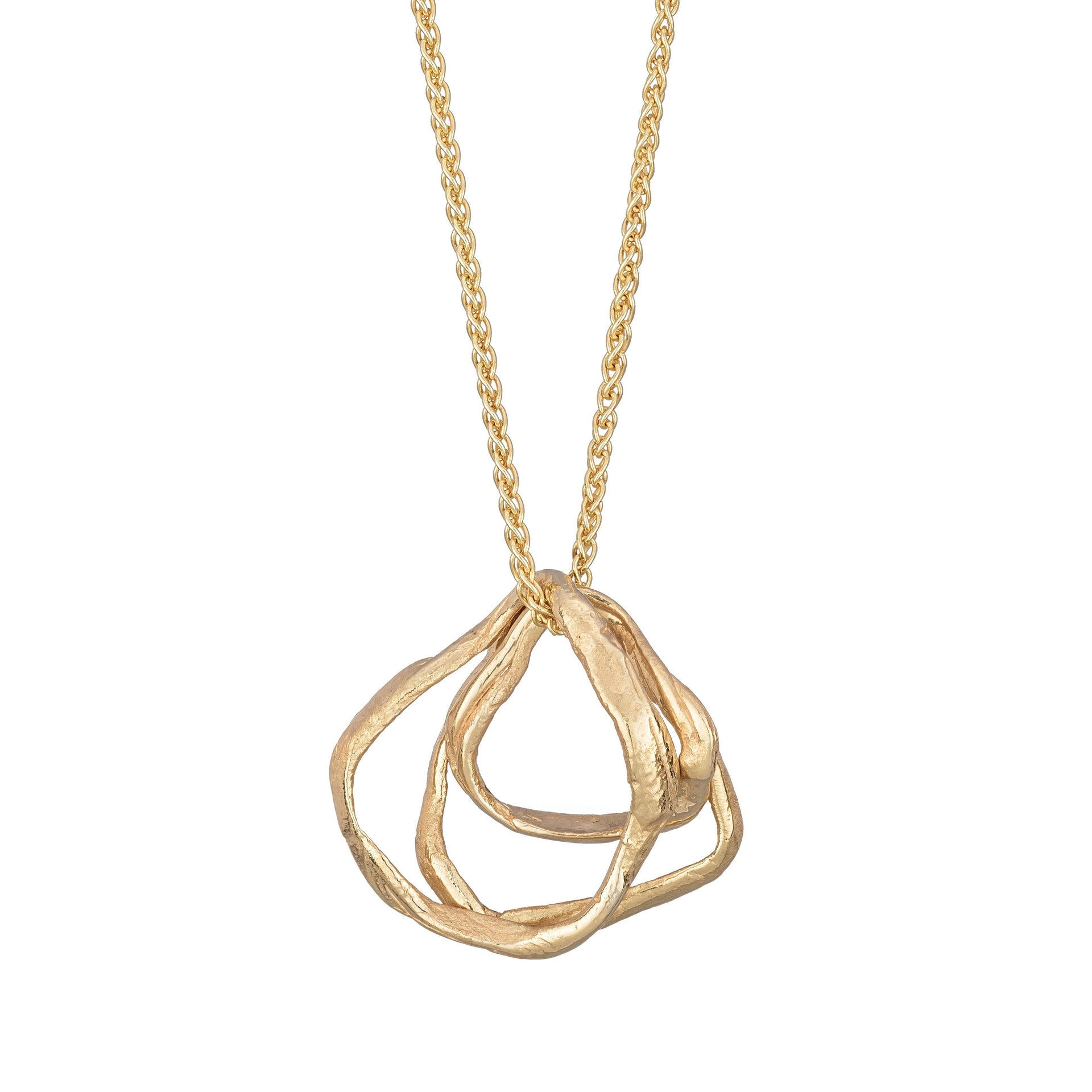 Three irregular solid gold loops move freely on a fine solid gold chain, making a pleasing cluster that gently clink together as they move. Each loop of this unusual pendant is different, following the contours of individual pebbles picked up along Cornwall’s beaches. The loops measure between 1.5cm and 2cm across. A very tactile, effortlessly stylish pendant from this Cornish jewellery designer.