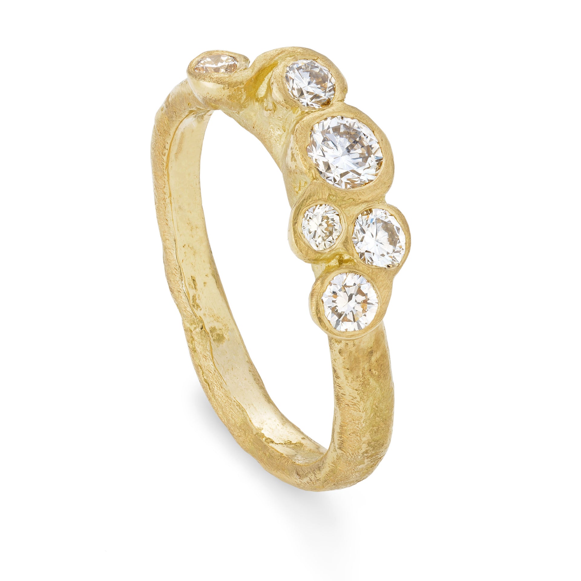 An upright front view of a handmade and alternative engagement ring. This ring has been designed and created by Emily Nixon, a Cornish jeweller.