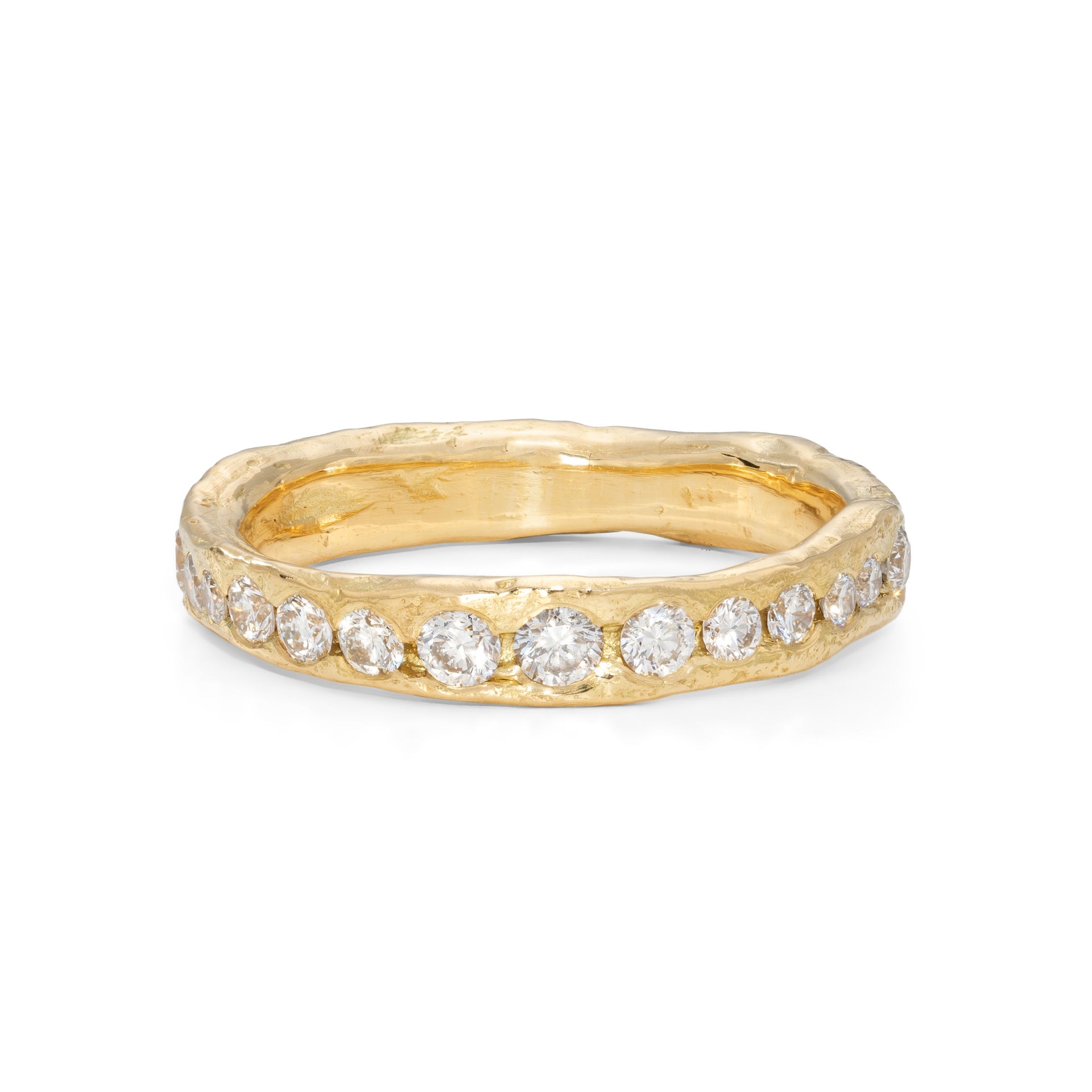Unique, handcrafted, diamond and 18ct gold ring by Emily Nixon. This ring is set with diamonds all the way around the band.