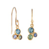 18ct yellow gold drop earrings with clusters of natural sapphires. Made by hand in Cornwall by Emily Nixon Jewellery. 