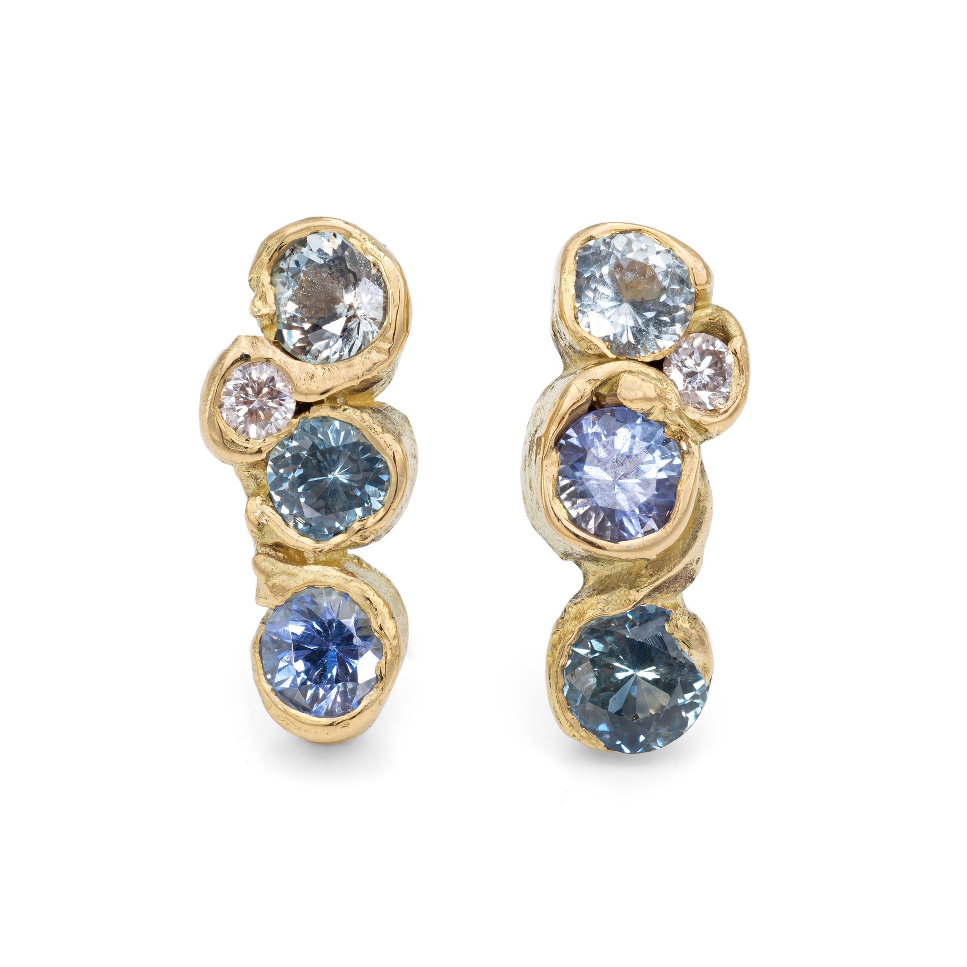 18ct recycled yellow gold stud earrings with sapphires. Cast using the traditional lost wax process by Emily Nixon in Cornwall.