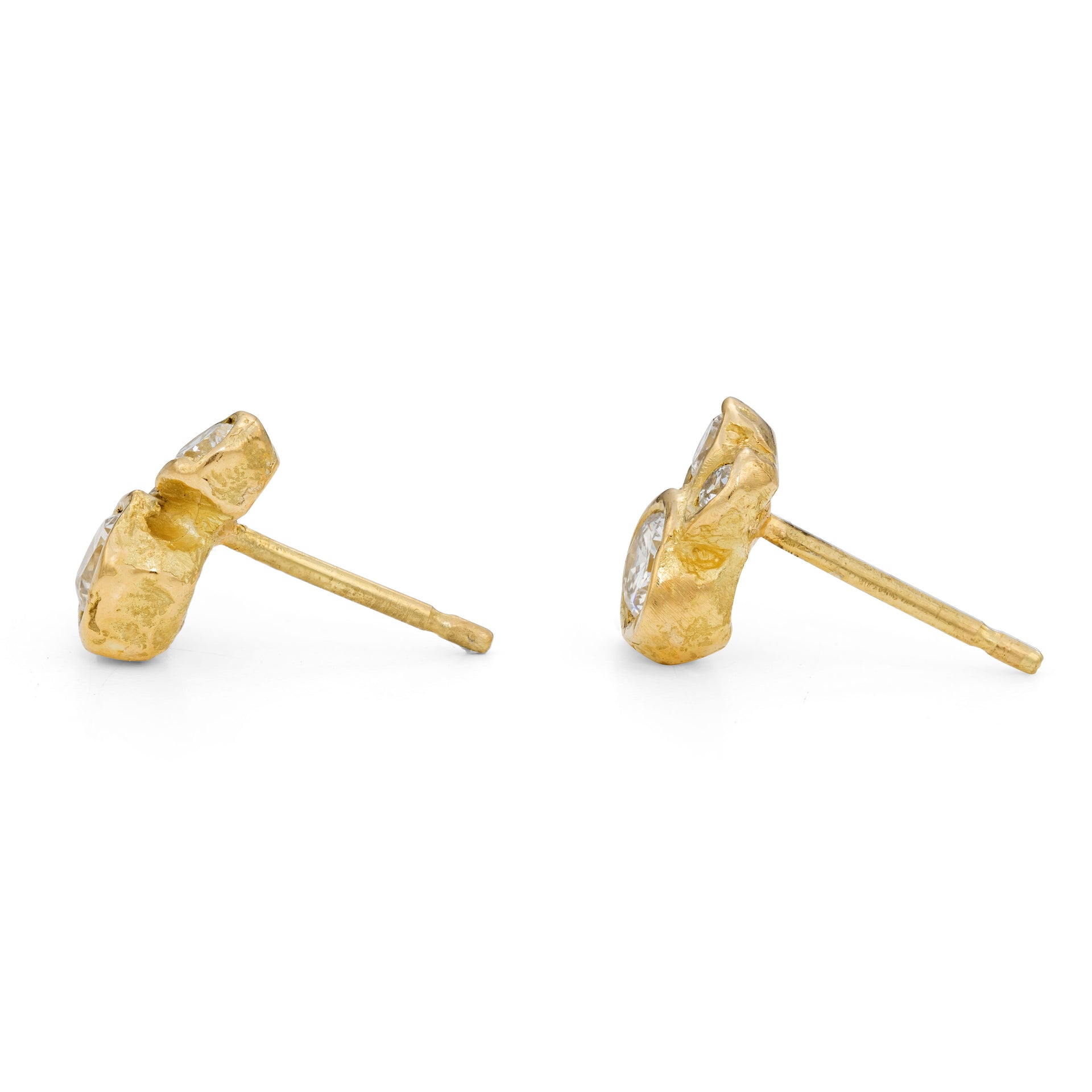 18ct recycled yellow gold stud earrings, with clusters of natural diamonds. Made in Emily Nixon's Cornish Jewellery Studio.
