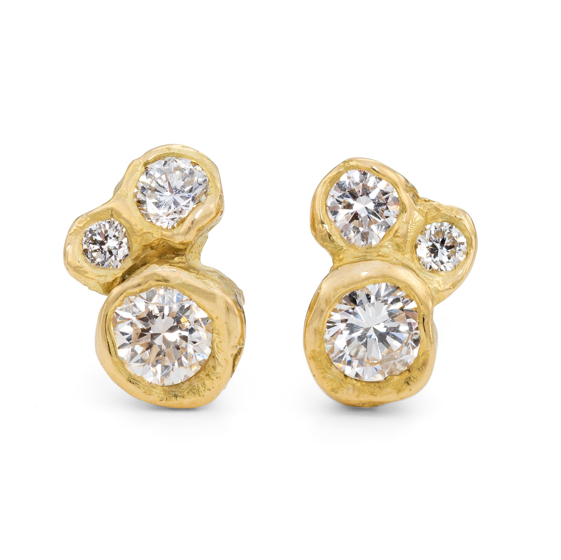 18ct recycled yellow gold stud earrings, with clusters of natural diamonds. Made in Emily Nixon's Cornish Jewellery Studio. 