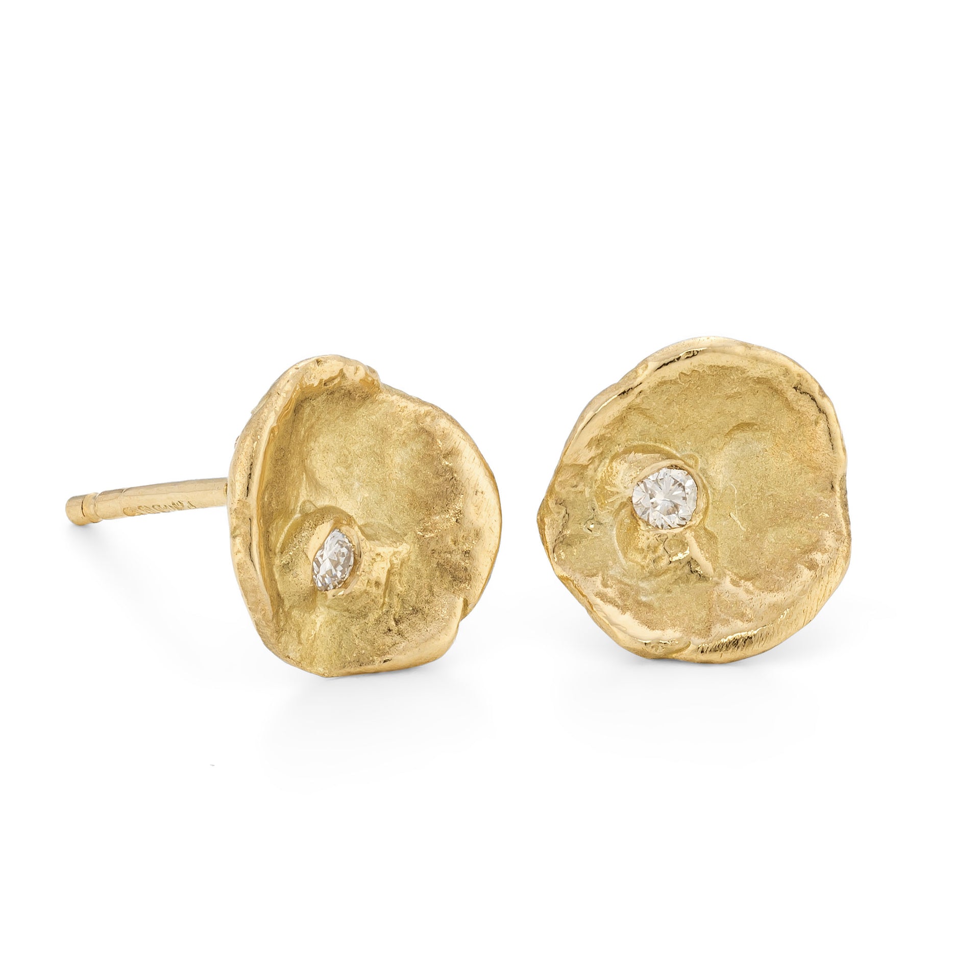 18ct yellow gold stud earrings with white diamonds, handcrafted by Emily Nixon from her Cornish studio. 