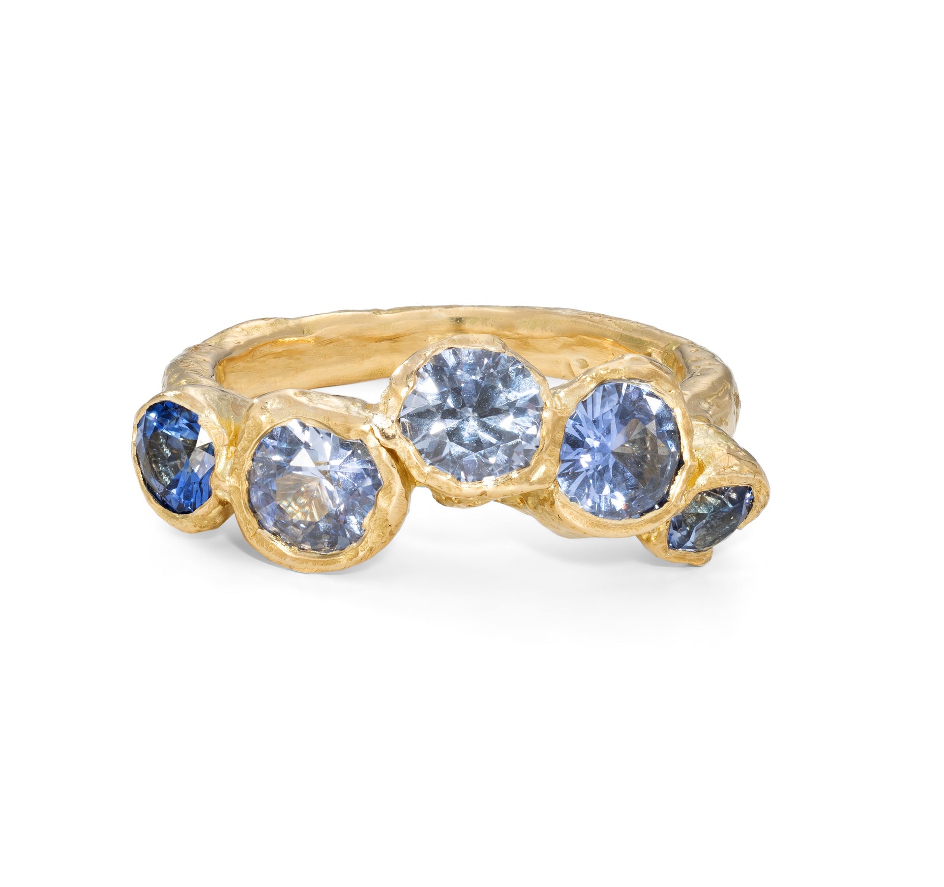 A statement ring of cornflower blue sapphires set in 18ct yellow gold.