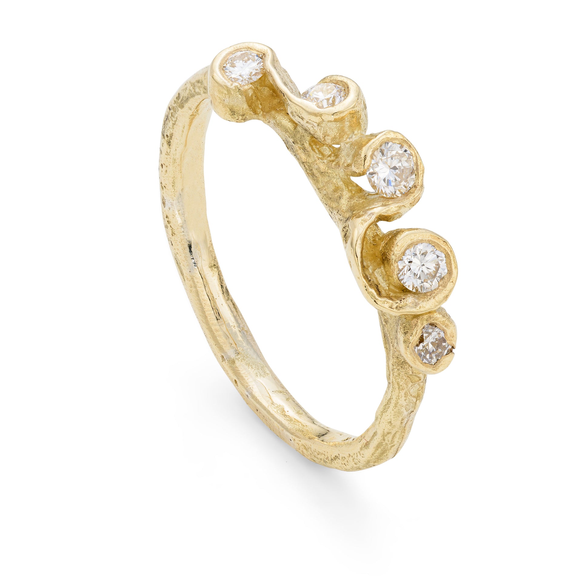 Upright front view of a sea worn textured engagement ring, set with 5 diamonds in an unusual design.