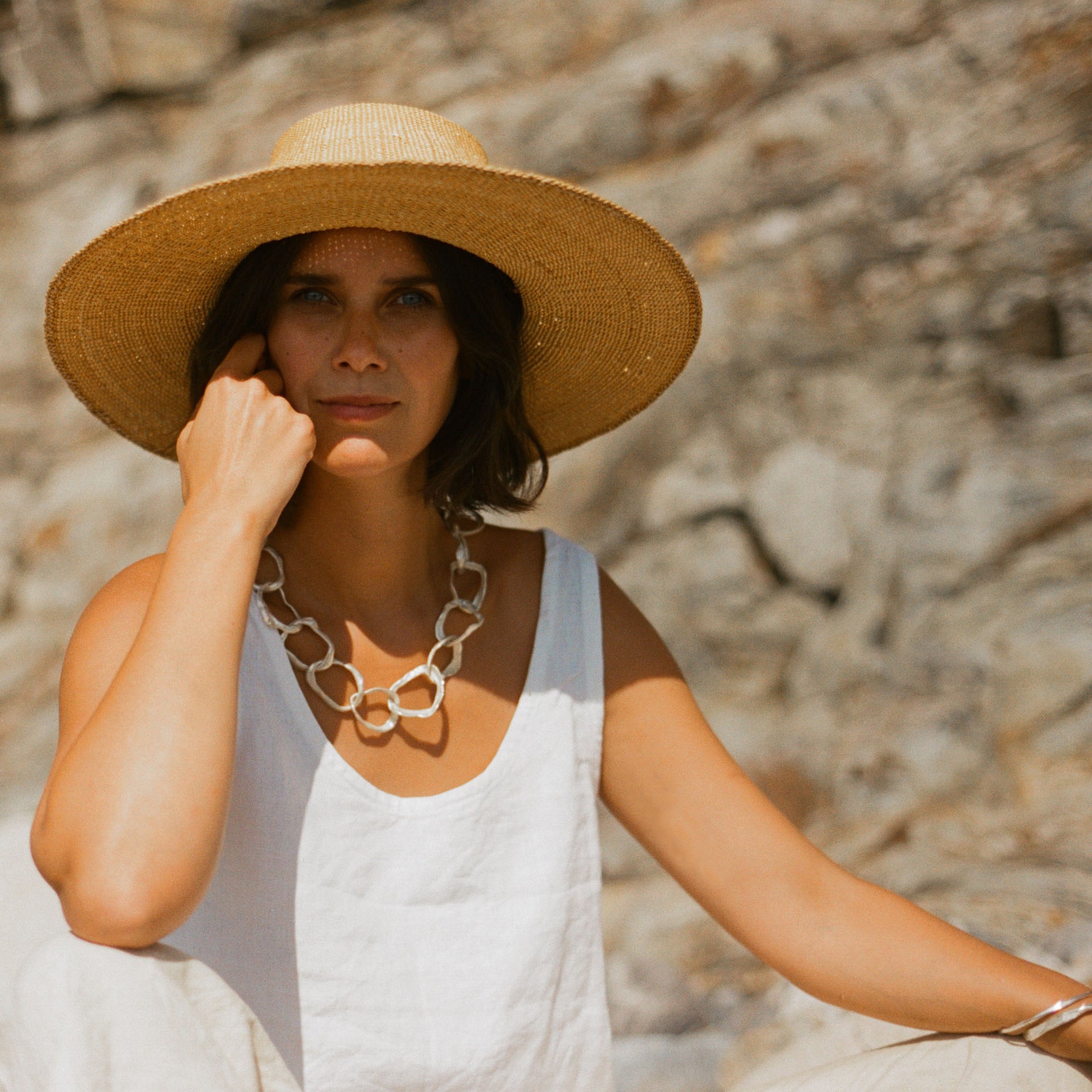 Large irregular sterling silver links, moulded by hand to create a sculptural, coastal necklace. 
The classic, signature design in this Cornwall jewellery designers organic jewellery range. Chunky links follow the form of beach pebbles, interconnected to create this large link silver chain necklace. A classic organic, coastal design in the natural, unconventional style of Emily’s jewellery.By Emily Nixon.
